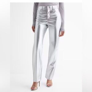 Express Silver Modern Straight High Rise Faux Leather Pants 4 Long NWT